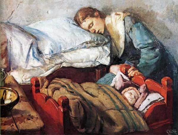 Christian Krohg Sovende mor med barn oil painting picture